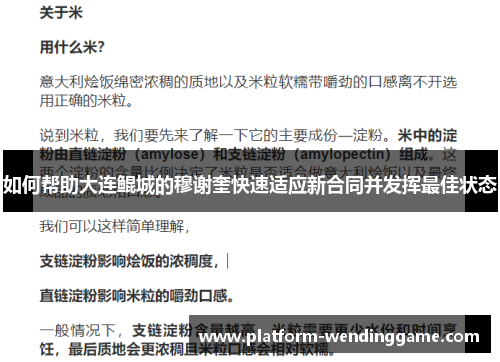 如何帮助大连鲲城的穆谢奎快速适应新合同并发挥最佳状态