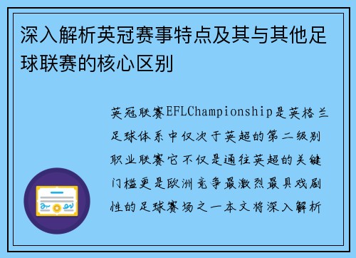 深入解析英冠赛事特点及其与其他足球联赛的核心区别